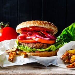 Seitan-Burger mit knusprigen Thymian-Ofen-Fries