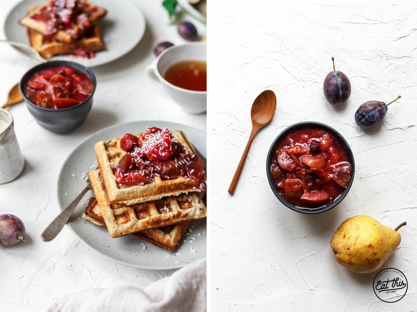 Kokoswaffeln mit Zwetschgen-Birnen-Kompott · Eat this! Kokoswaffeln mit Zwetschgen-Birnen-Kompott · Eat this!