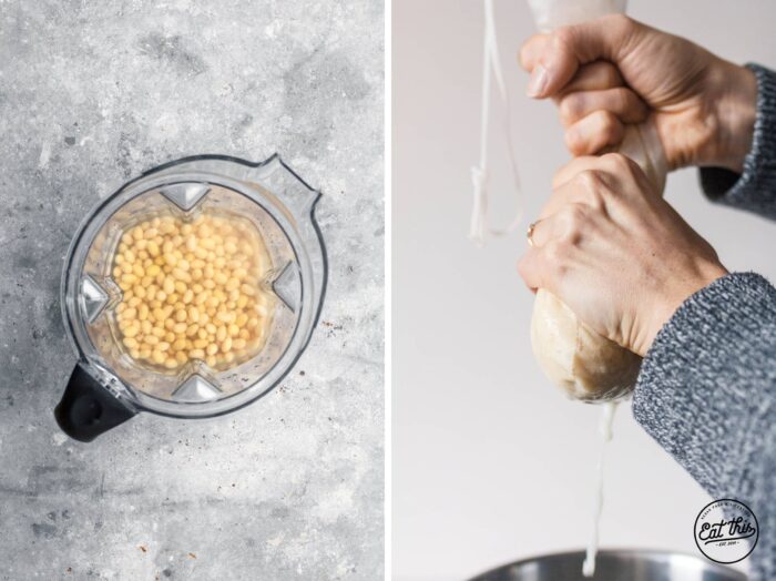 Tofu selber machen - Sojabohnen durch Nussmilchbeutel sieben