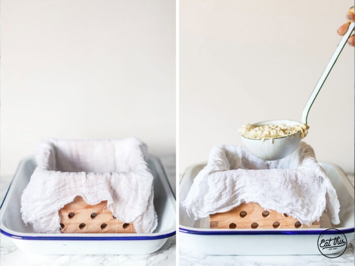 Tofu selber machen - Tofumasse in die Tofuform füllen