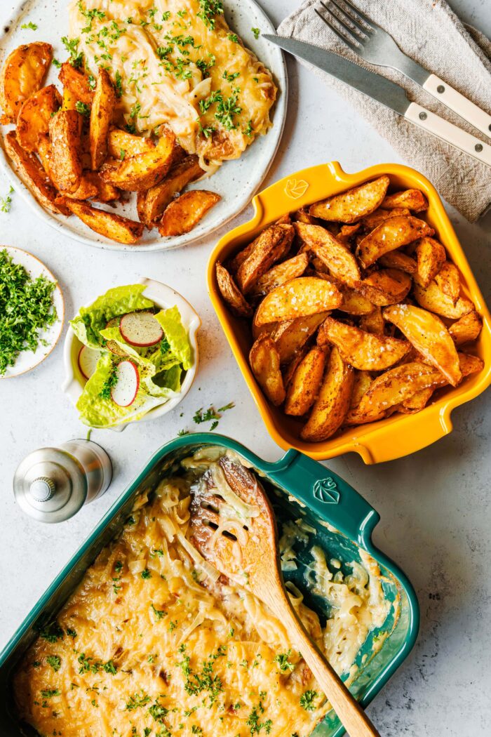 Seitan-Zwiebel-Sahne-Schnitzel mit Wedges